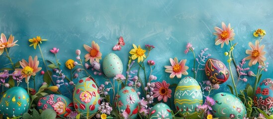 Obraz na płótnie Canvas Easter greetings with a celebratory theme of decorated eggs and blooming flowers.