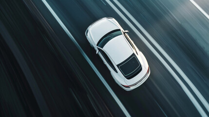Aerial view of a white car in motion on an asphalt highway. A long-exposure shot. Top view of the white car moving fast.
