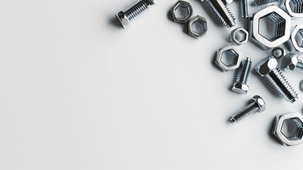 nuts and bolts arranged on a pristine white background, offering ample copy space for text, in a top view composition with sharp focus, showcasing professional photography.