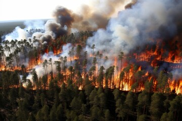 Fototapeta premium Aerial Perspective of an Enveloping Forest Fire Ravaging the Landscape