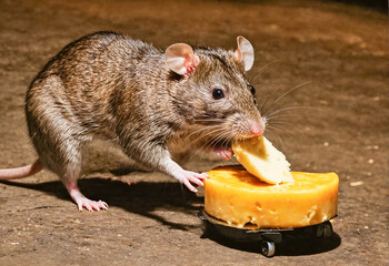 Rat eating cheese. Pests in agriculture and households.