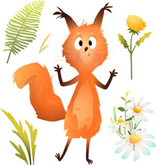 Cute funny squirrel, playful character for children. Illustrated hilarious showing squirrel, posing animal character for kids. Isolated vector character clipart for children in watercolor style. - 767381542