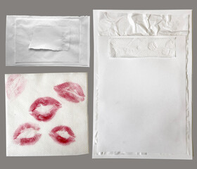 Red lipstick kiss print and torn paper pieces set. Different shapes of female sexy lips and paper fragments collection. Sexy lips makeup, kiss mouth. Female mouth. - 767381560
