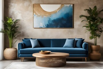 curved sofa with blue cushions and round rustic wood coffee table against stucco wall with poster. interior design of modern living room