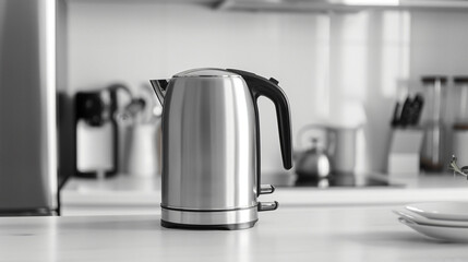 A sleek electric kettle on a white kitchen counter symbolizing modern convenience.