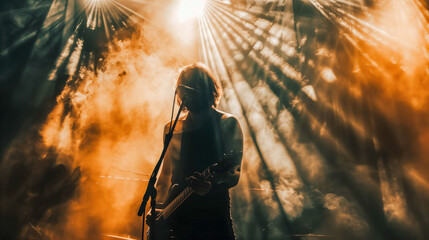 Epic Guitar Solo: A Musician Immersed in Stage Lights and Smoke during a Live Concert
