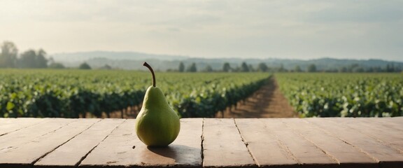 Pear fruits on wooden table, field garden in background. - obrazy, fototapety, plakaty