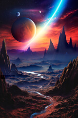 Fantastic landscape of an alien planet with rocks, ponds and other planets. Can be used for computer games, posters