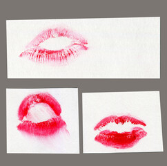 Red lipstick kiss print isolated set. Different shapes of female sexy pink and red lips. Sexy lips makeup, kiss mouth. Female mouth.
