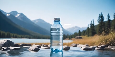 Bottle and glass of pouring crystal water against blurred nature snow mountain landscape background. Organic pure natural water. Healthy refreshing drink