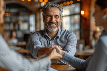 Businessman and business partner shaking hands with a warm smile in a cozy cafe setting