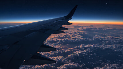 Obraz premium The view from an airplane window presents a stunning scene of a twilight sky with a sea of clouds below, highlighted by a gradient of sunset colors and the first glimmers of stars above