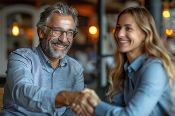 Smiling bearded man and blonde woman shaking hands in a modern office - obrazy, fototapety, plakaty