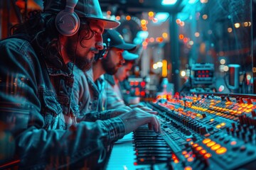Three professionals in recording studio, bearded man in headphones using mixing console