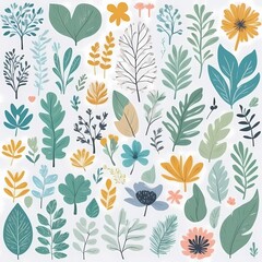 A collection of seamless pattern, colorful abstract plants and flowers. Hand drawn Collection of leaves and flowers. A close up of a pattern of flowers and leaves.
