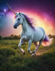 Obraz na płótnie Canvas A majestic white unicorn with a purple mane gallops across a field, its silhouette set against a vibrant twilight sky sprinkled with stars.