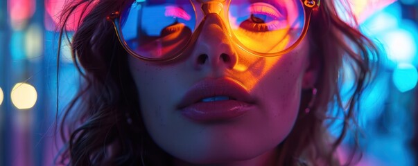 Woman on a summer night neon city lights reflecting in her sunglasses