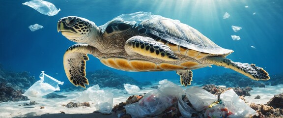 ocean turtle, plastic bags under the sea.The problem of ocean pollution with garbage. - obrazy, fototapety, plakaty
