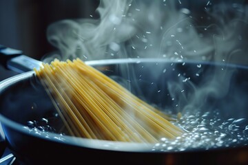 Spaghetti cooking in boiling water