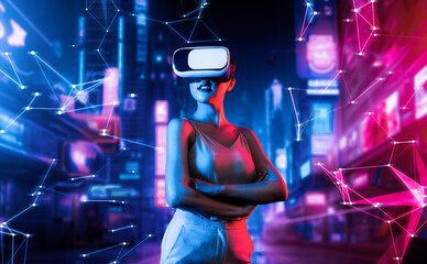 Female stand in virtual reality cyberpunk style building wear VR headset connect metaverse, future cyberspace community technology, She turn body to left crossed arm and confident pose. Hallucination.