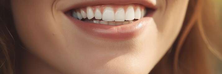 Close up shot of a woman's smile with white healthy teeth, Banner for dentistry or dentist advertising, healthy teeth concept