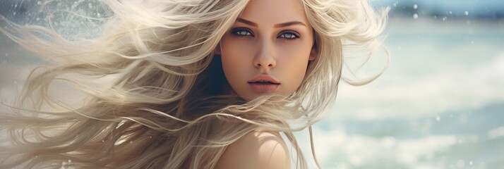 Attractive blonde woman with flowing hair enjoying sunny day on the seaside with space for text - obrazy, fototapety, plakaty