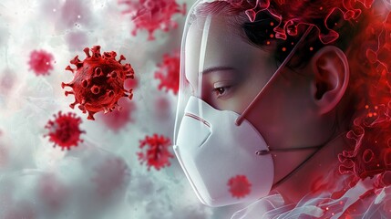 Conceptual image of a young woman in a medical mask and respirator against the background of the virus.