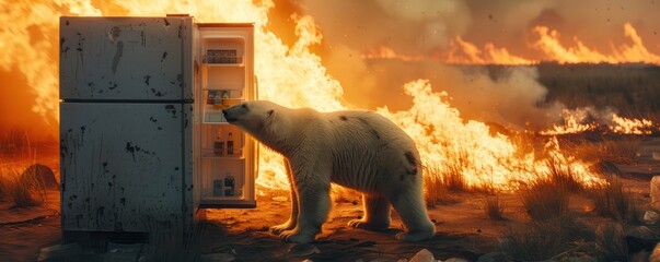  Medium shot of a polar bear leaning into an open refrigerator trying to escape a wildfire background