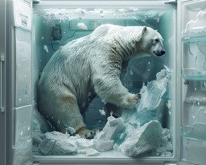  Medium shot of a polar bear inside a refrigerator