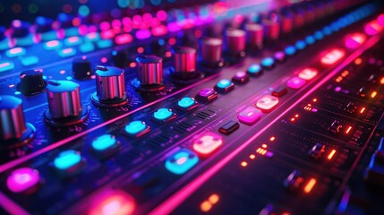  Medium shot of a neon-infused 3D-rendered audio mixer interface - obrazy, fototapety, plakaty