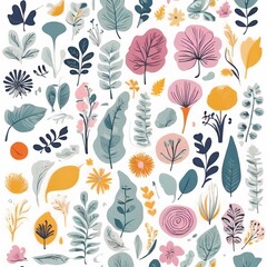 A collection of seamless pattern, colorful abstract plants and flowers. Hand drawn Collection of leaves and flowers. A close up of a pattern of flowers and leaves.
