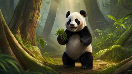 Obraz premium A Panda Bear Eating In The Forest , Vibrant Colours, Painting Style