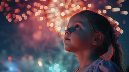 Medium shot of a child s nighttime gaze at colorful summer fireworks awe of vacation - obrazy, fototapety, plakaty