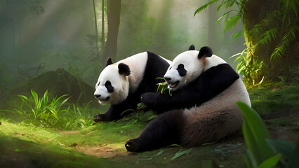 A Group Of Panda Bears Eating In The Forest , Vibrant Colours, Painting Style