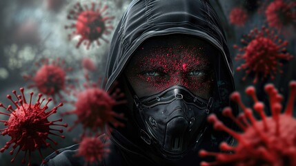 Portrait of a man in a black hood and in a gas mask with red virus cells around him