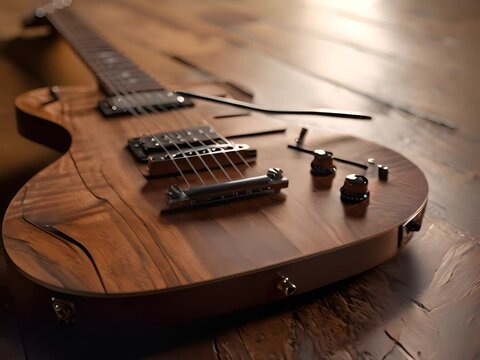 a close up of a guitar on a wooden floor