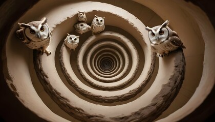 Owls In A Spiral Formation Creating An Enchanting Upscaled 3 - obrazy, fototapety, plakaty