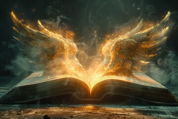  Medium shot of a 3D-rendered open book with pages morphing into angel wings illuminated by celestial