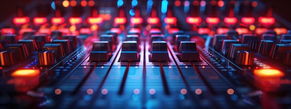 Medium shot of a 3D-rendered soundboard with dynamic neon lights