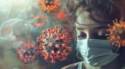 A child in a medical mask against the background of a virus.