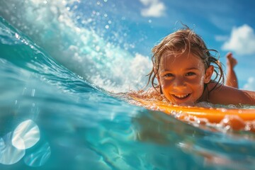Kid riding a colorful wave on a boogie board thrill of summer vacation - obrazy, fototapety, plakaty