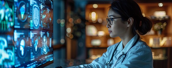 Innovative female doctor navigating medical software for telehealth, laptop screen active, stethoscope and prescriptions aligned