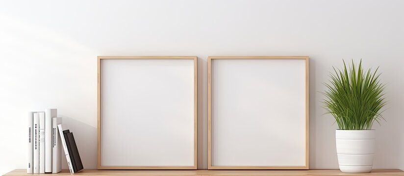 There are two empty picture frames placed on a shelf next to a green houseplant