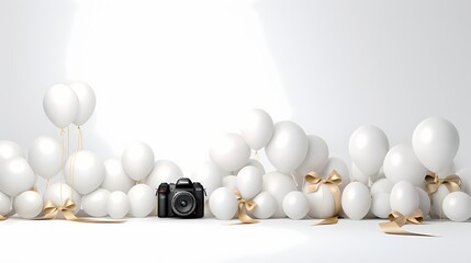 Fototapeta na wymiar HD camera capture showcasing a captivating mockup of white balloons arranged artistically on a white background, with a ribbon for added elegance.
