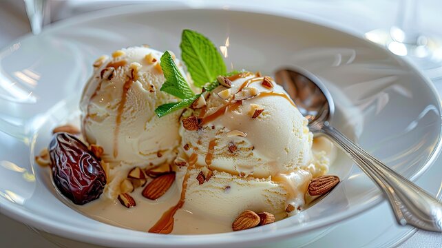 almond ice cream adorned with assorted nuts on a pristine white plate in a captivating close-up shot, showcasing abstract expressionism.