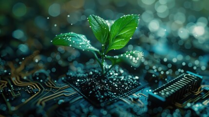 Close-up of a plant growing in a silicon chip pot - obrazy, fototapety, plakaty