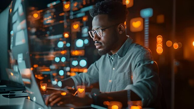 A handsome short black american project manager working on a computer in the office Augmented Reality social media icons appear on employees' laptops,generative ai