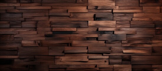 A close up of a brown hardwood plank wall made of composite materials resembling brickwork. The wood stain enhances the natural beauty of the wood