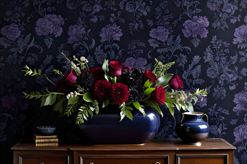 bouquet of tulips in a vase with black and purple floral wallpaper