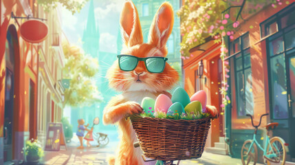 A red rabbit delivers Easter eggs in a basket, delivering them around the city by express delivery - obrazy, fototapety, plakaty